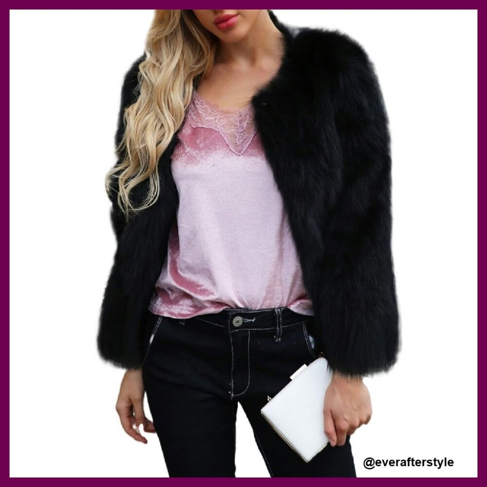 Faux Fur Jacket Long Sleeve Open Front Shaggy Parka Elegant Winter Coat